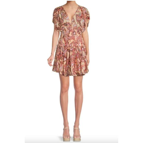 NWT A.L.C. Luna Mini Dress Smocked Ruched Ruffle ALC V-Neck Paisley Print sz S 4 - Picture 15 of 15